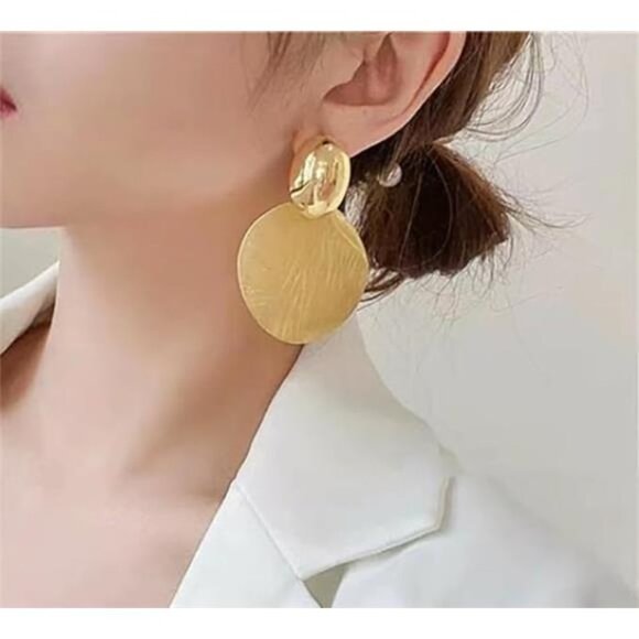 Gold Disc Round Drop Earrings Circular Dangle Earrings Round Stud Jewelry - Picture 2 of 6